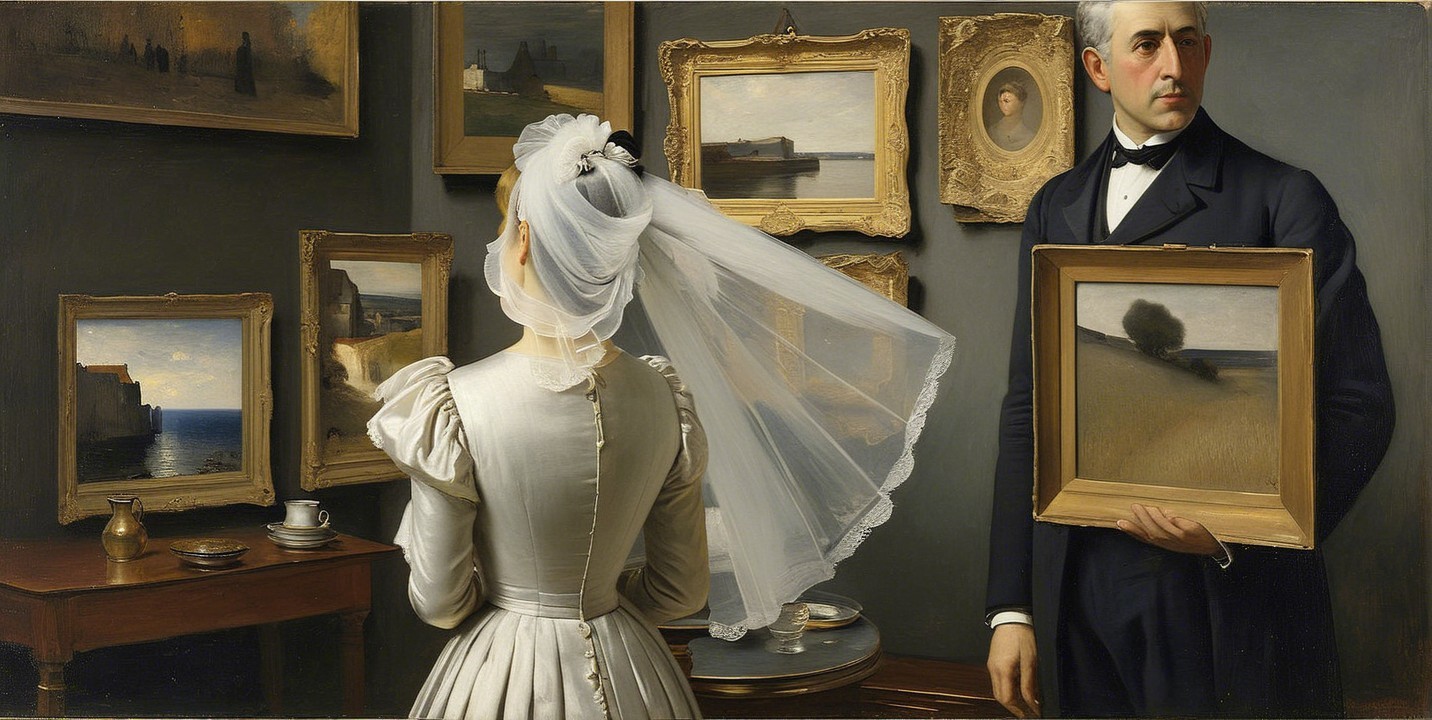 Art Gallery Scene with Tuxedoed Presenter and Viewer