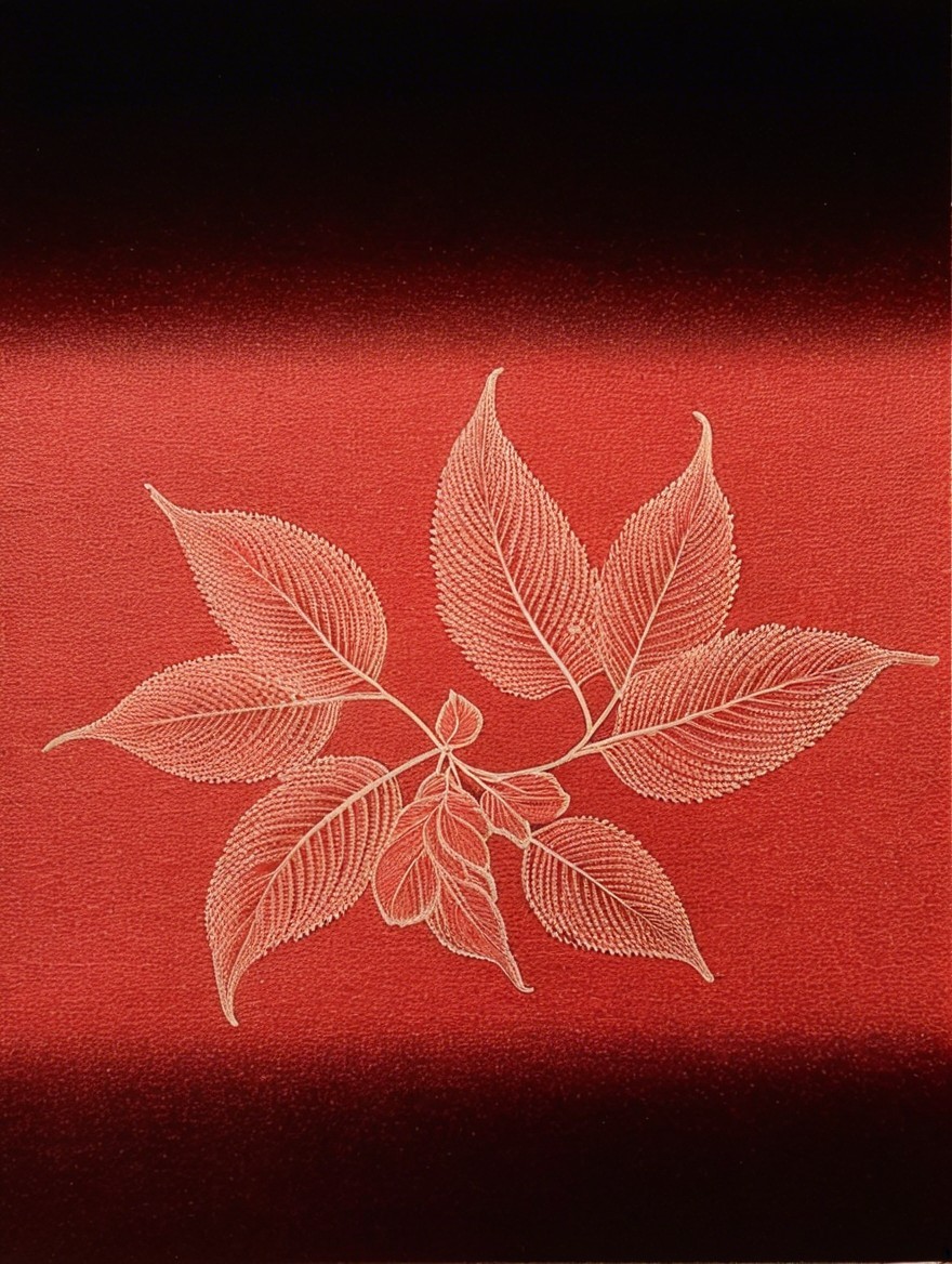 Intricate Illustration of White Leaves on Red Background