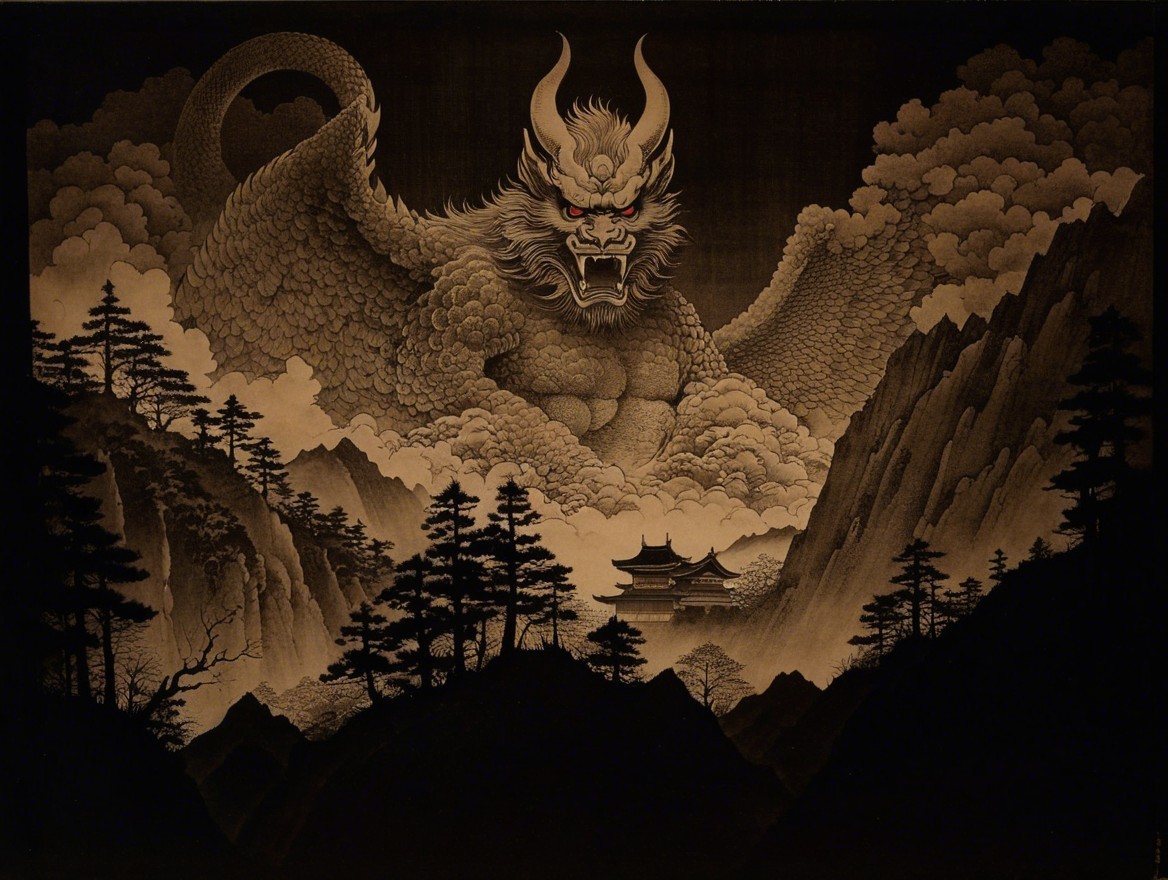 Majestic dragon over mountainous landscape with clouds