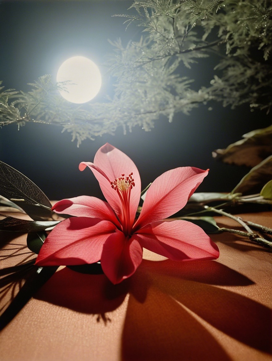 Vibrant Pink Flower with Moonlit Background and Leaves