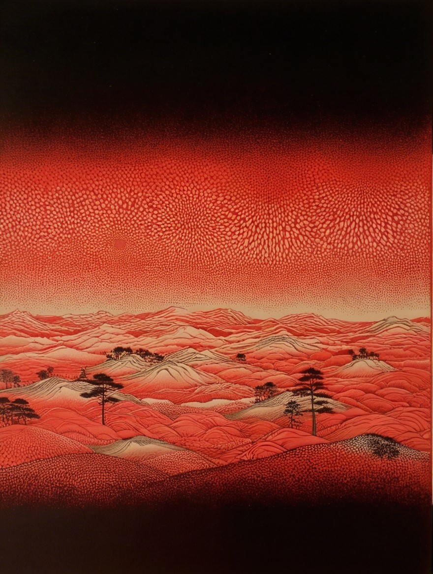 Surreal Red Landscape with Rolling Hills and Trees