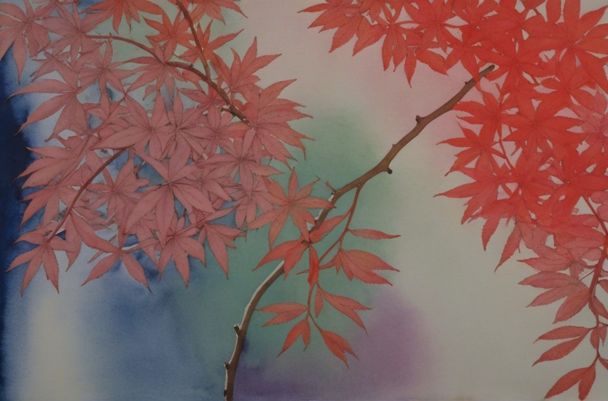 Maple Leaves in Pink and Red with Soft Blue Background