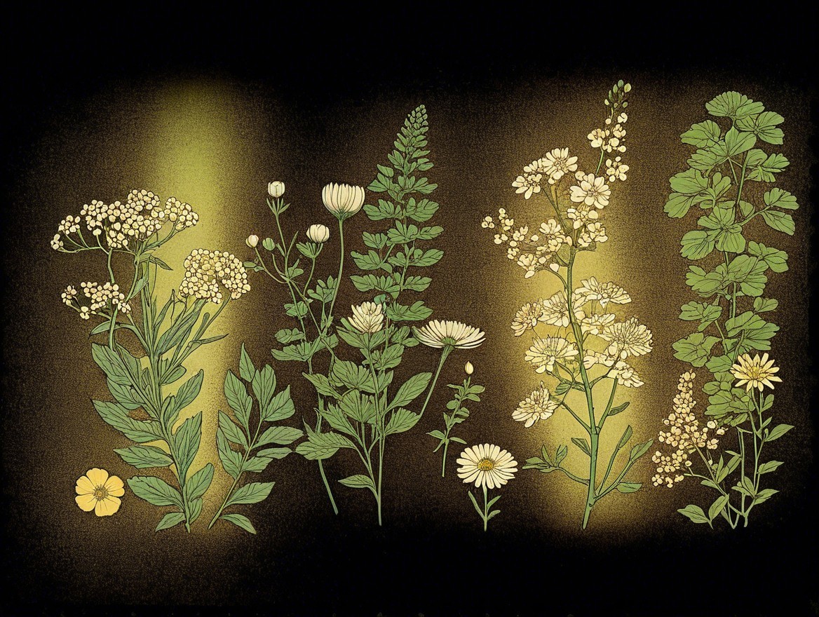 Illustrated Wildflowers and Foliage on Dark Background