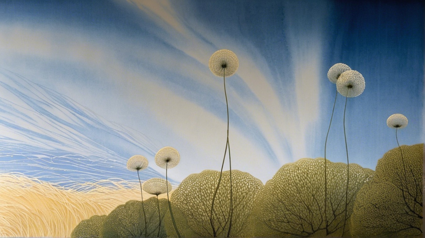 Serene Landscape with Dandelion-Like Flowers and Sky