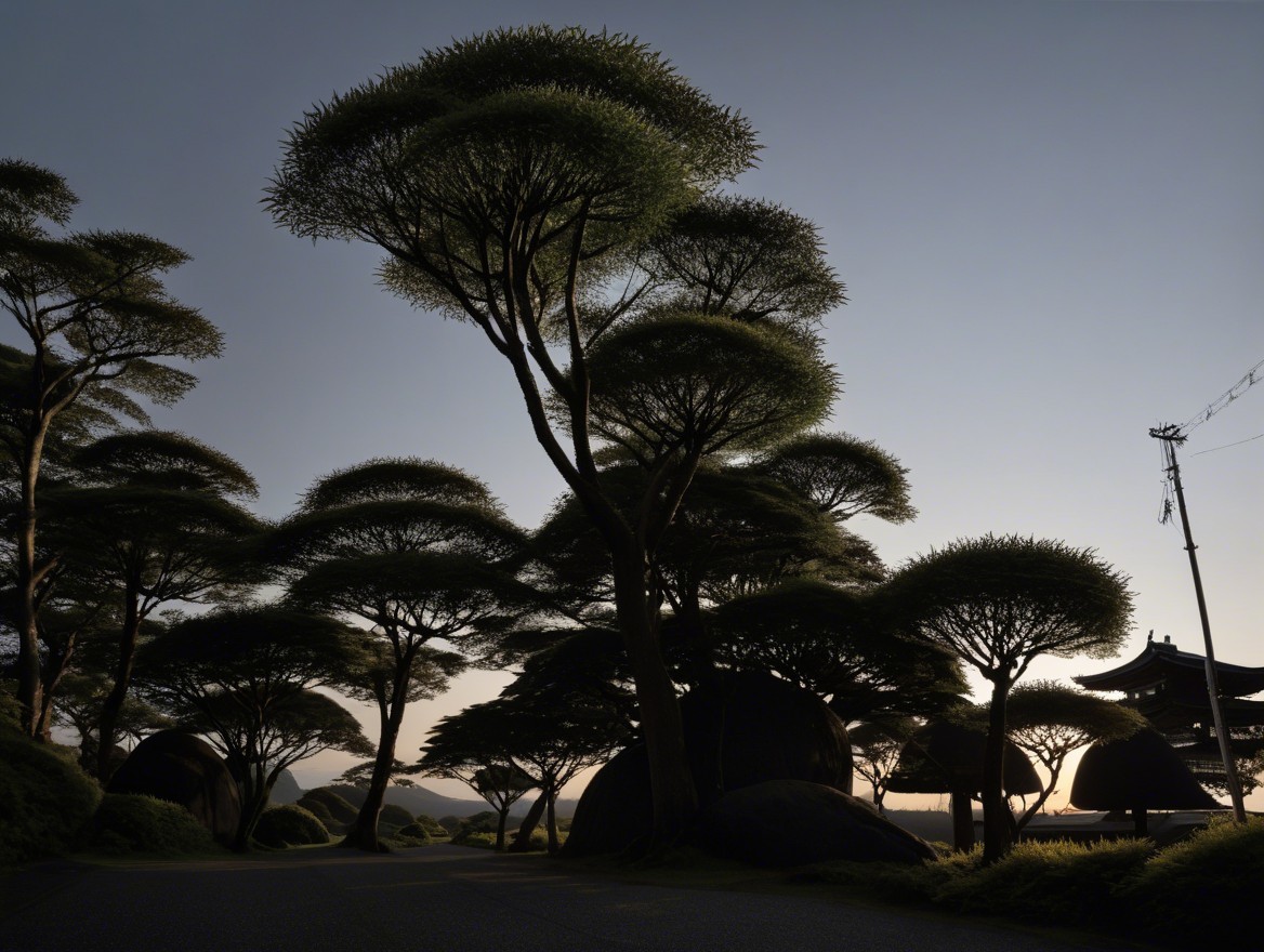 Serene Landscape with Manicured Trees and Twilight Sky