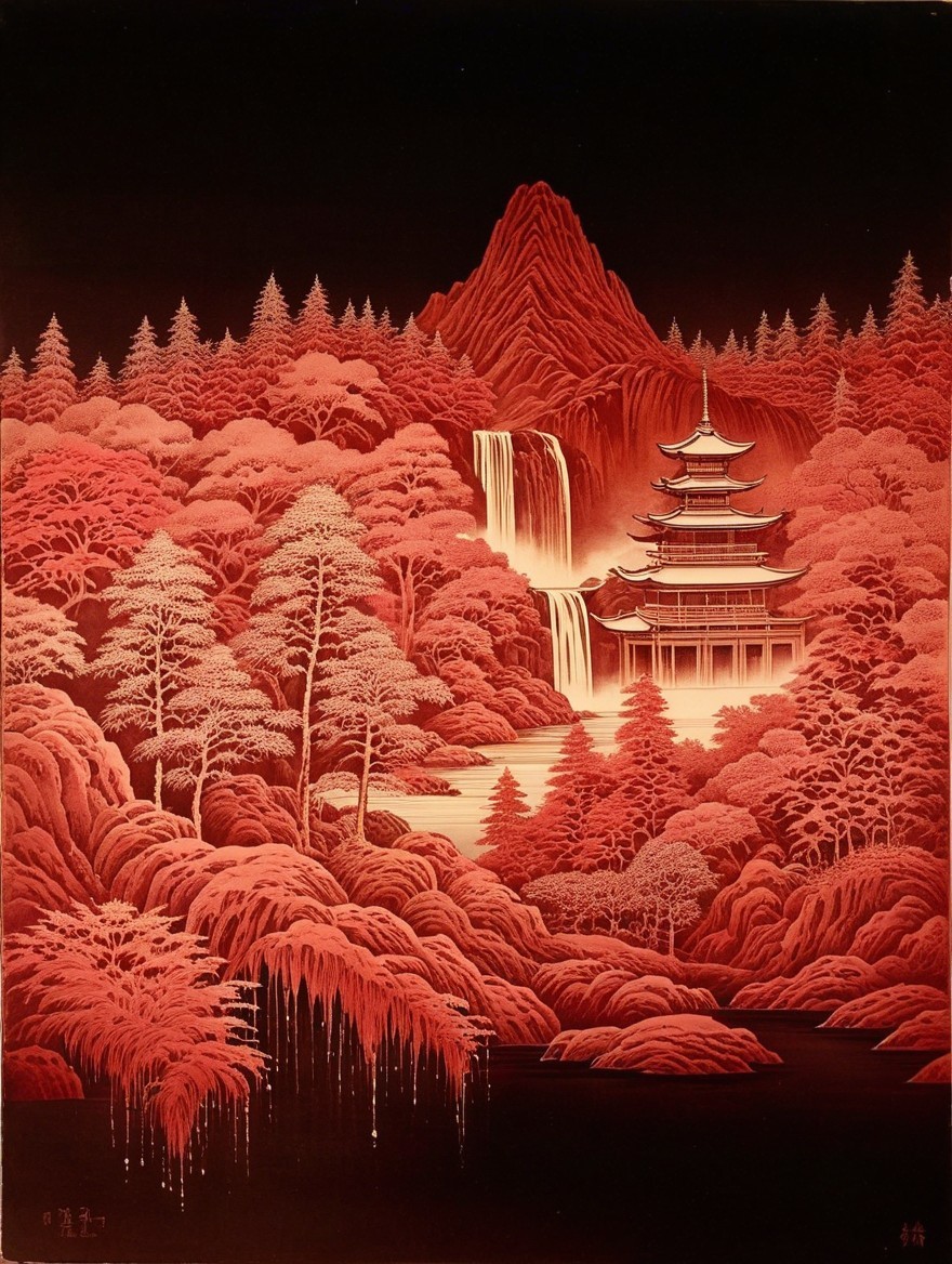 Serene Landscape with Pagoda and Waterfall Scene
