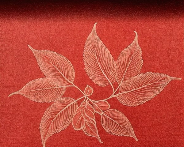 Intricate Illustration of White Leaves on Red Background