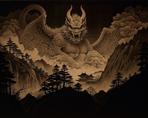 Majestic dragon over mountainous landscape with clouds
