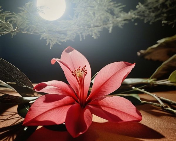 Vibrant Pink Flower with Moonlit Background and Leaves