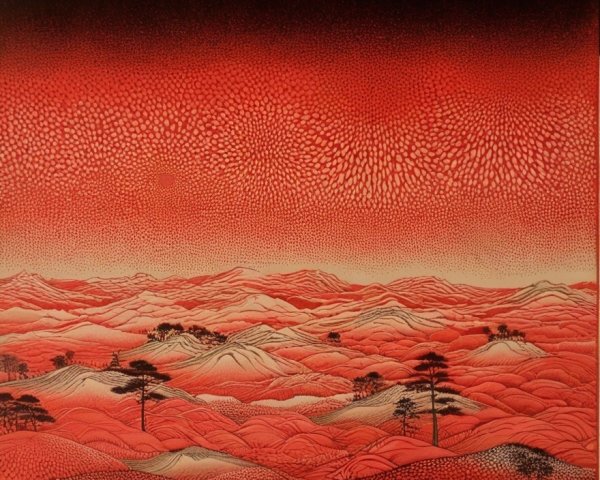 Surreal Red Landscape with Rolling Hills and Trees
