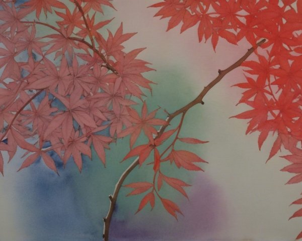 Maple Leaves in Pink and Red with Soft Blue Background