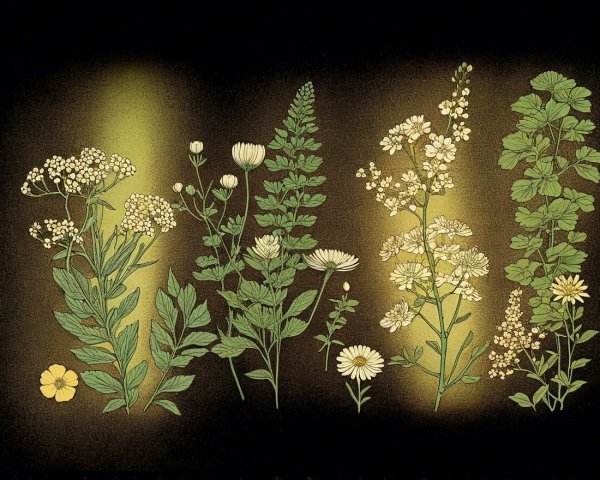 Illustrated Wildflowers and Foliage on Dark Background