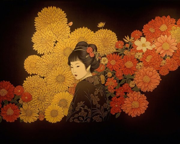 Traditional Woman Surrounded by Vibrant Chrysanthemums