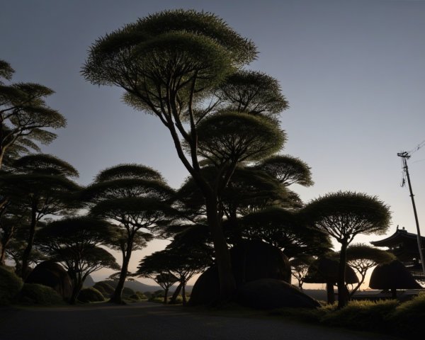 Serene Landscape with Manicured Trees and Twilight Sky