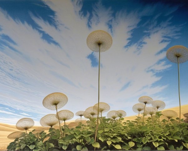 Surreal Landscape with Oversized Dandelion Flowers
