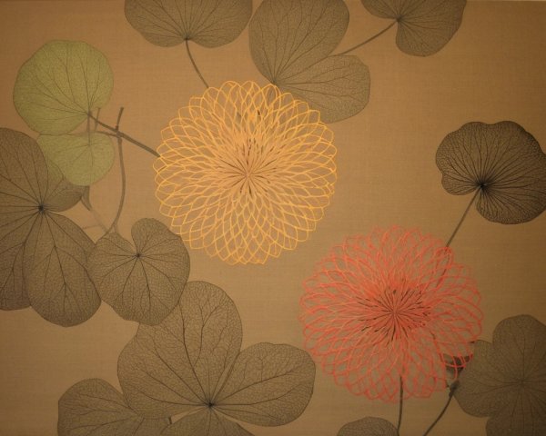 Artistic Design of Textured Leaves and Vibrant Flowers