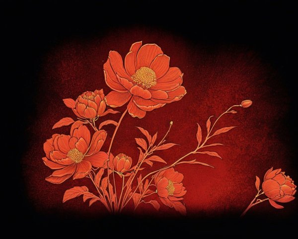 Vibrant Illustration of Orange and Red Peonies