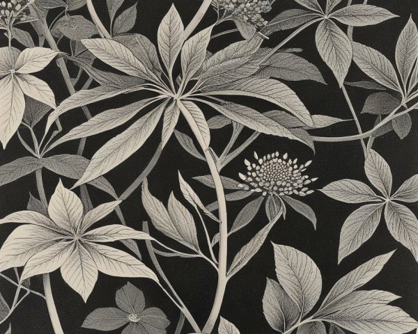 Intricate Black and White Botanical Leaf and Flower Pattern