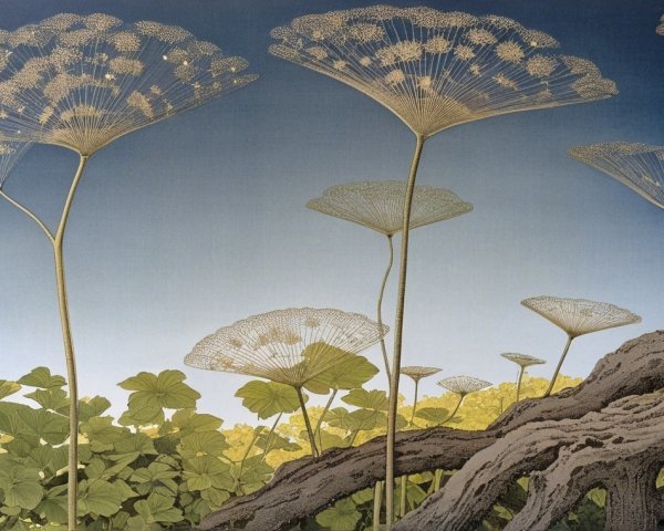 Serene Landscape with Umbrella-like Plants and Roots