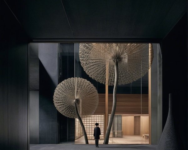Modern Architectural Interior with Tree-Like Sculptures