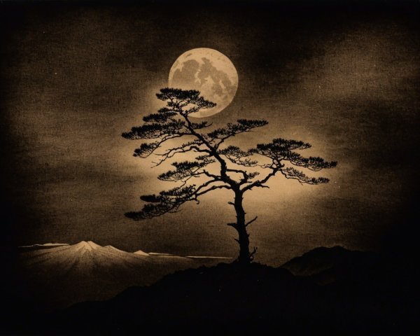 Solitary tree under a glowing moon and night sky