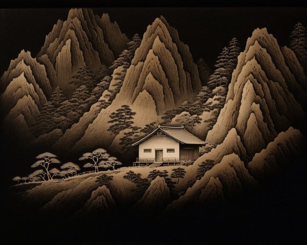 Serene Japanese House in Mountain Landscape Artwork