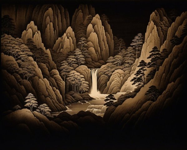 Monochrome Landscape with Mountains and Waterfall