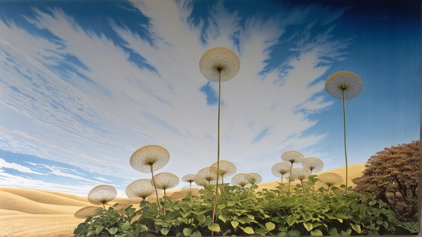 Surreal Landscape with Oversized Dandelion Flowers