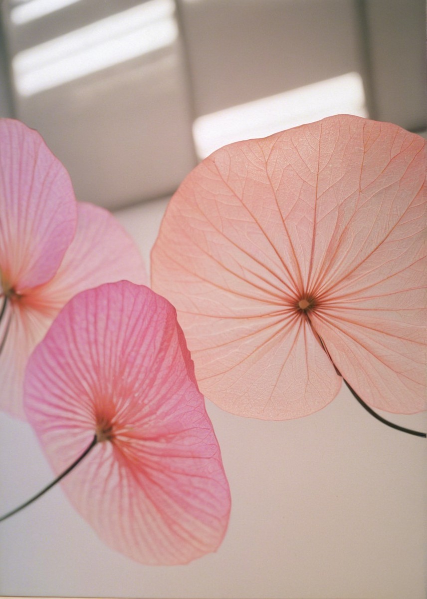 Translucent Pink and Peach Flowers on Soft Background