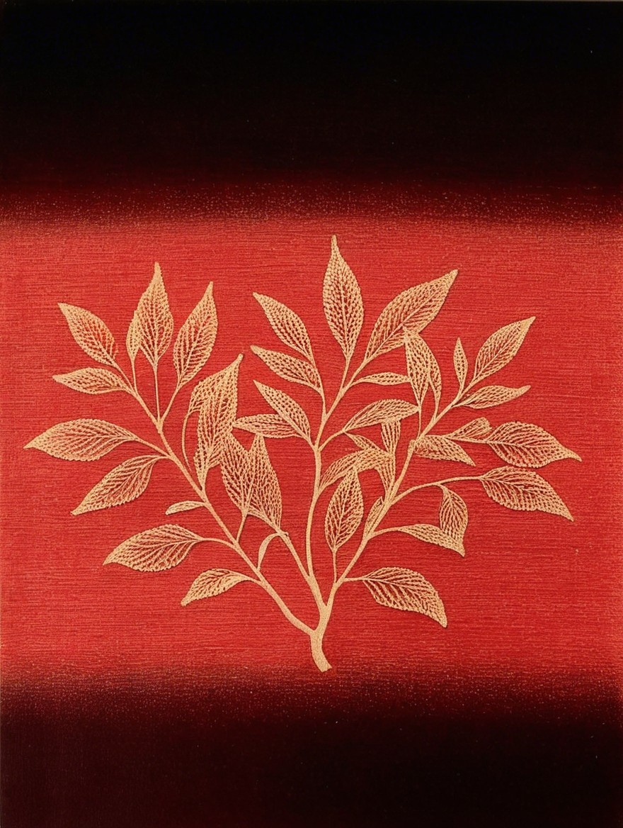 Vibrant Red Background with Golden Leaf Design