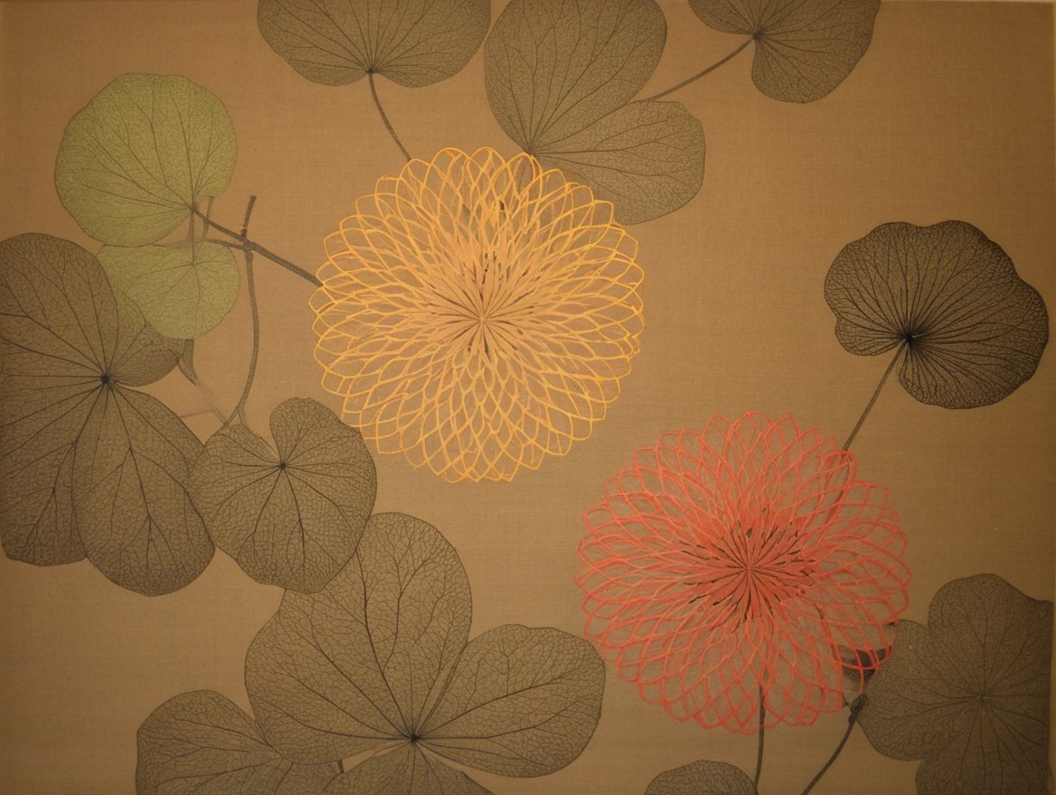 Artistic Design of Textured Leaves and Vibrant Flowers