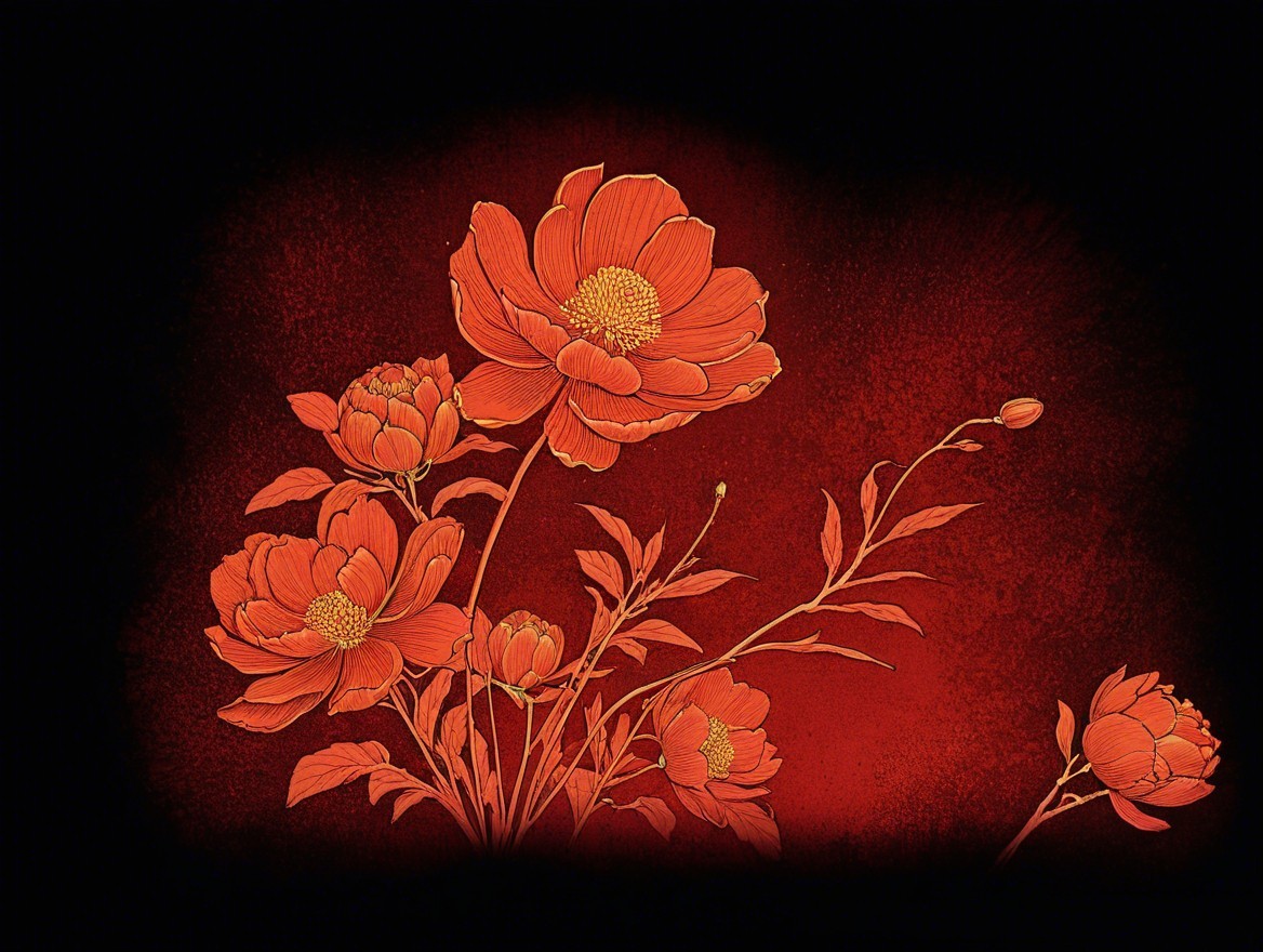 Vibrant Illustration of Orange and Red Peonies