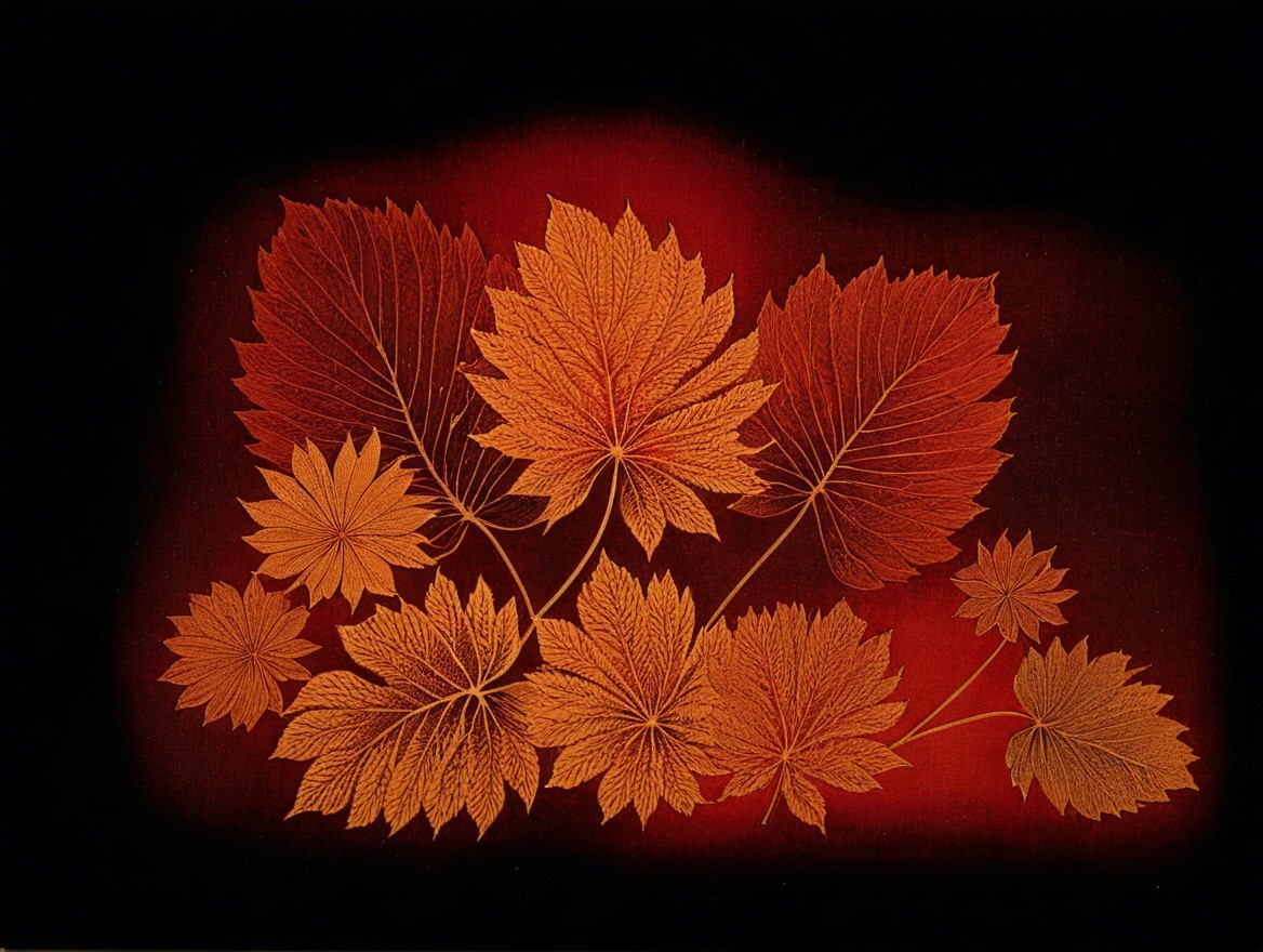Intricate Gold and Copper Leaves on Red Background