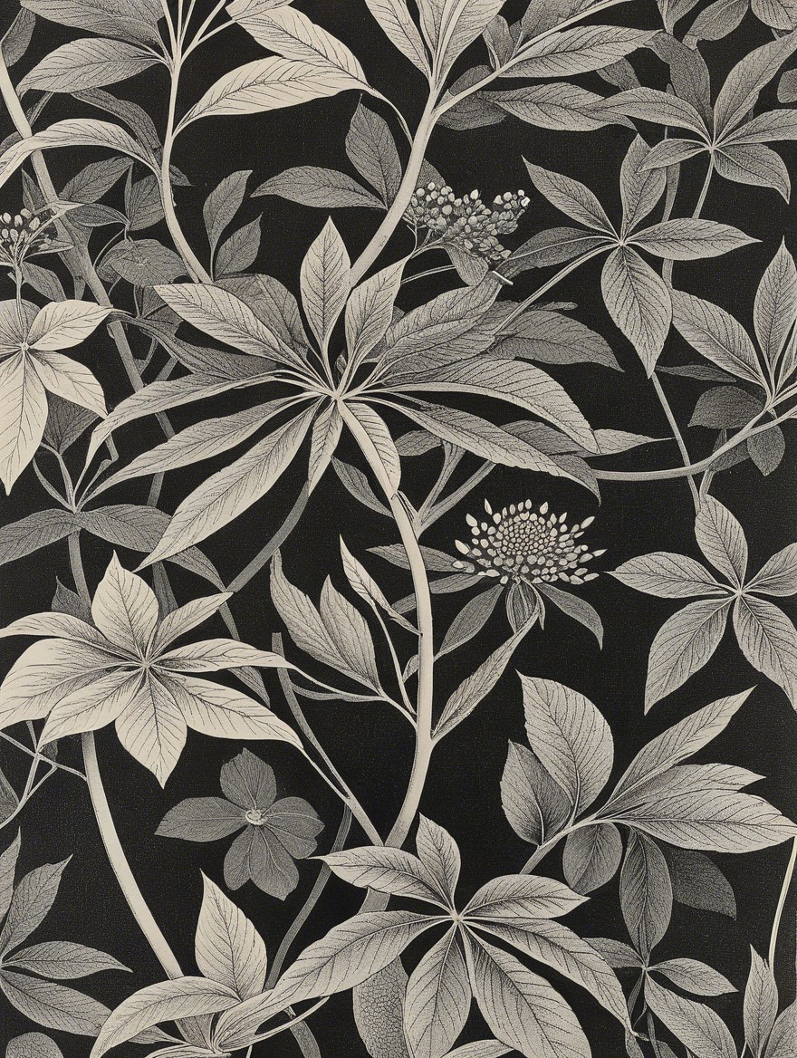 Intricate Black and White Botanical Leaf and Flower Pattern