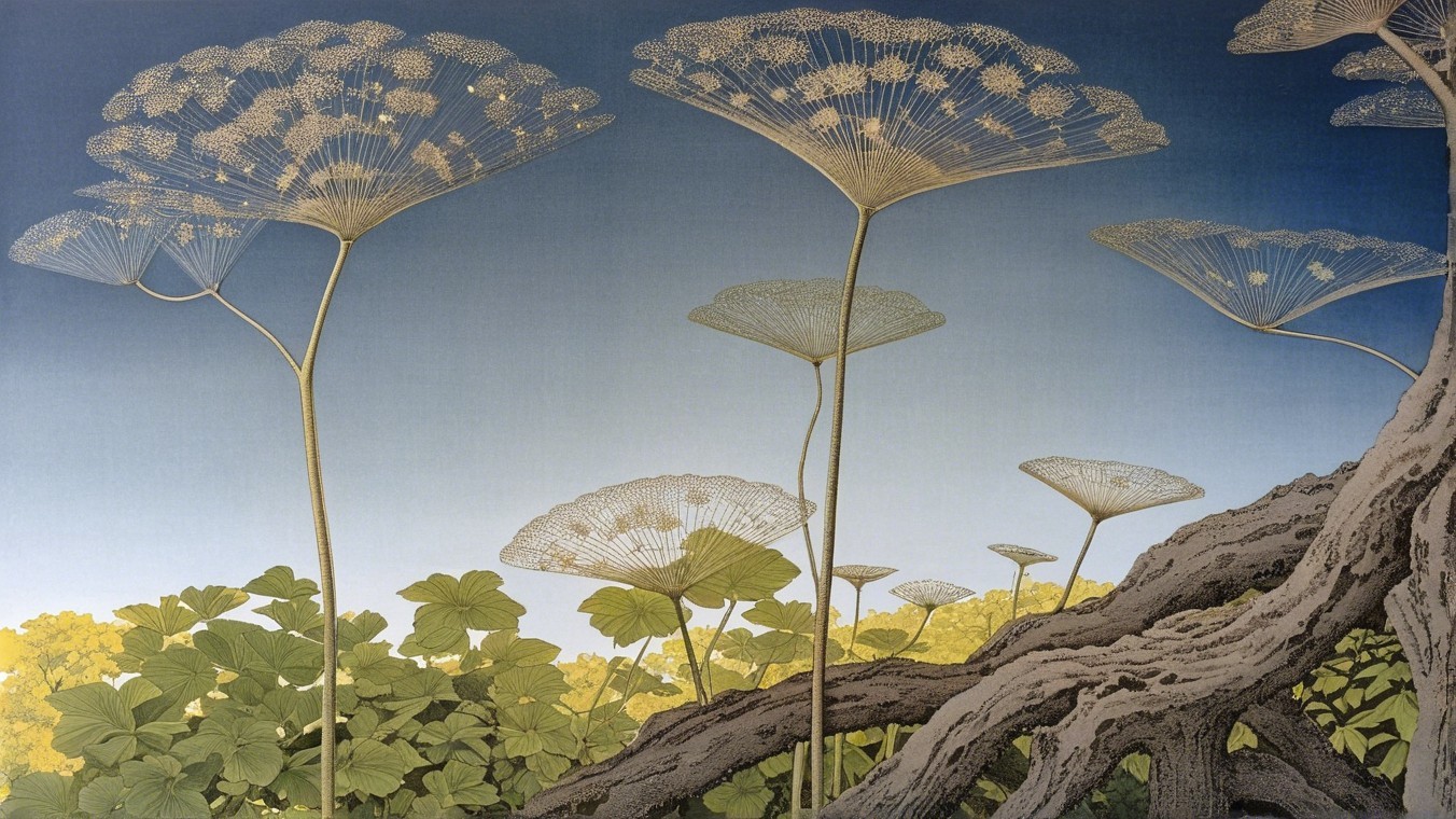 Serene Landscape with Umbrella-like Plants and Roots