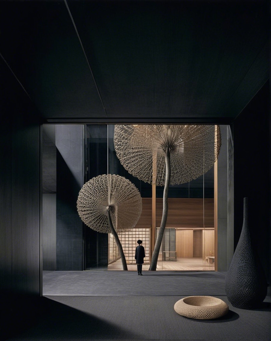 Modern Architectural Interior with Tree-Like Sculptures