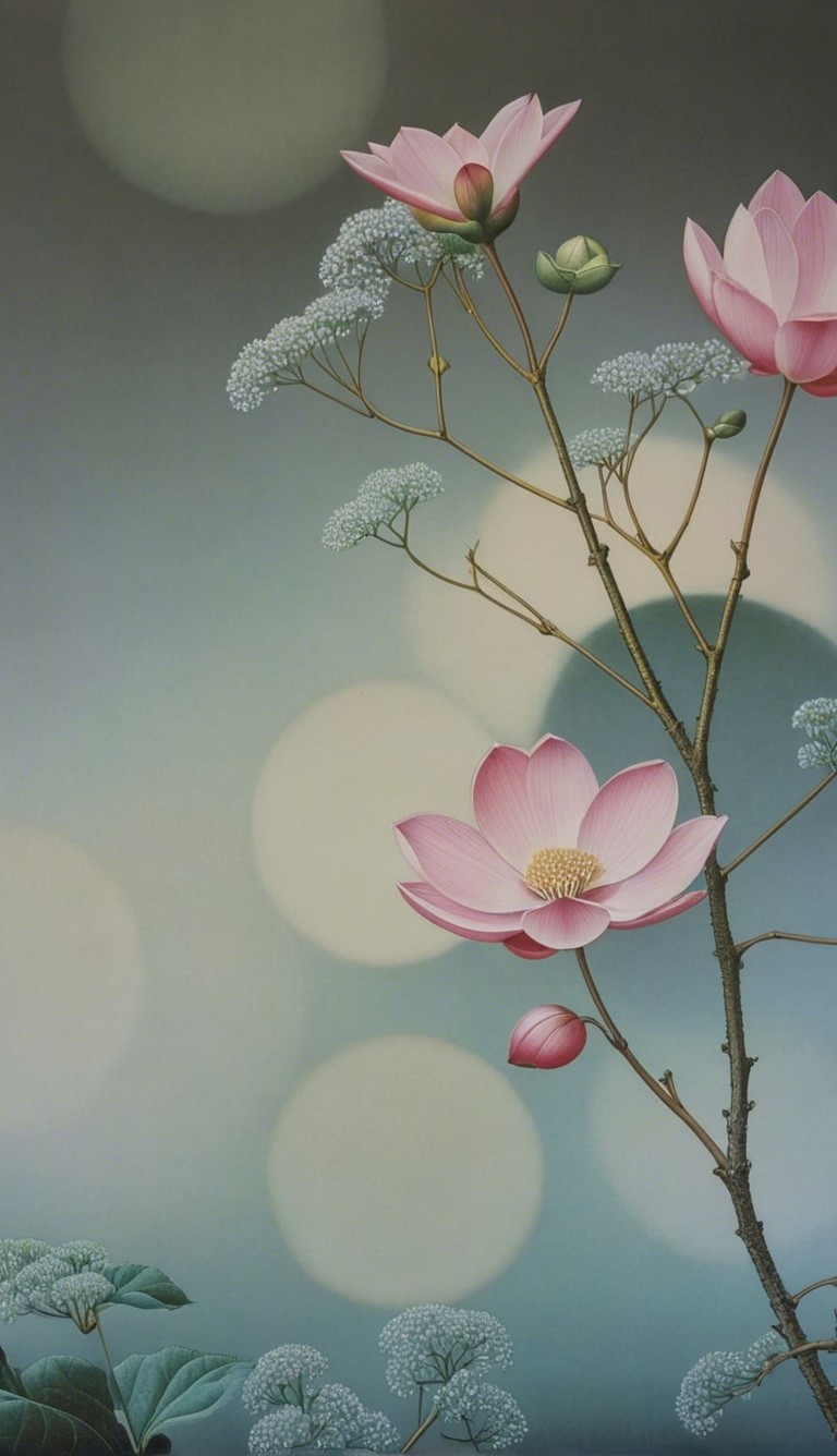 Serene Flowering Lotus Plant with Pink Petals and Bokeh