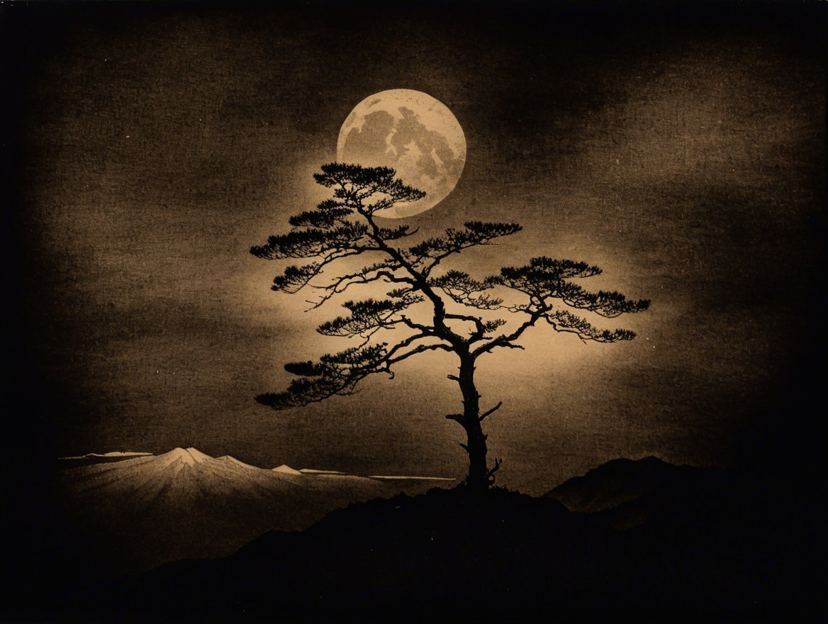 Solitary tree under a glowing moon and night sky