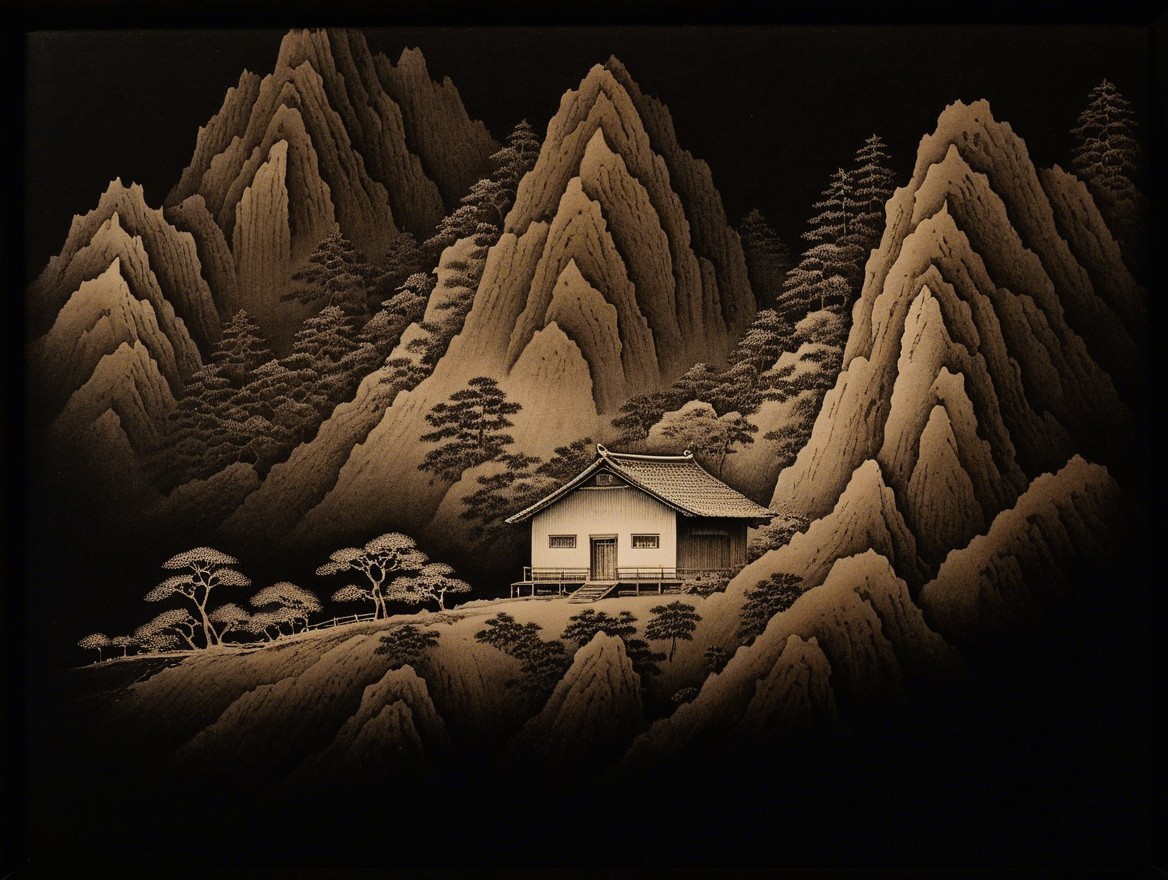 Serene Japanese House in Mountain Landscape Artwork