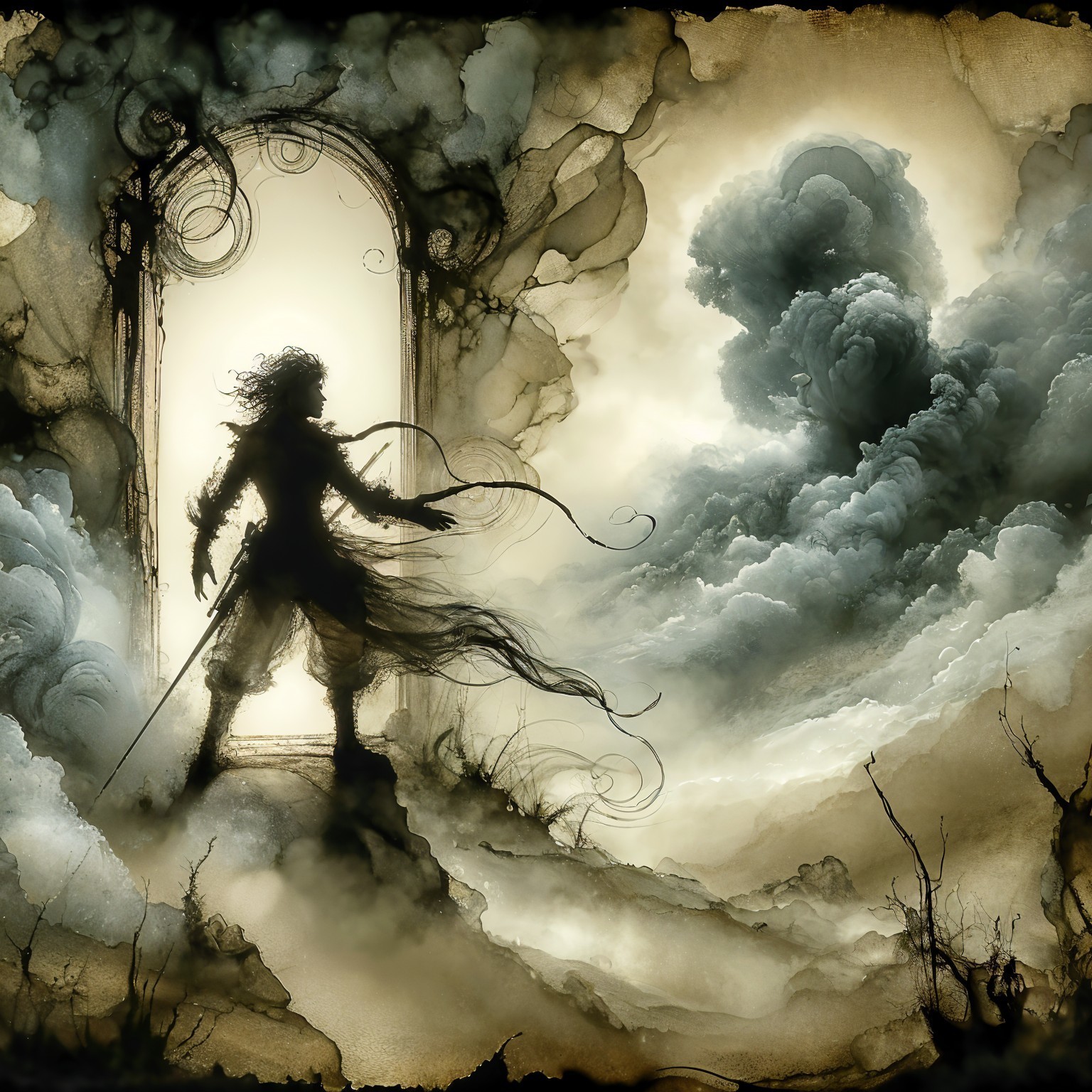 Mysterious Figure at Ornate Door in Ethereal Light
