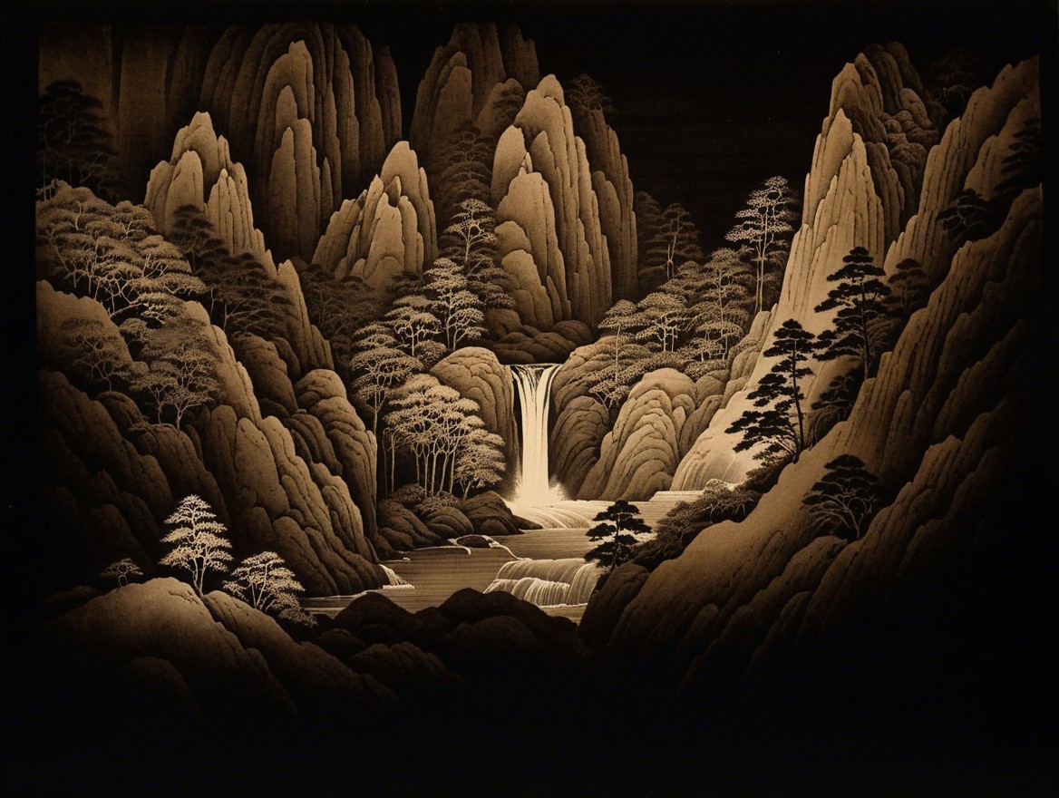 Monochrome Landscape with Mountains and Waterfall