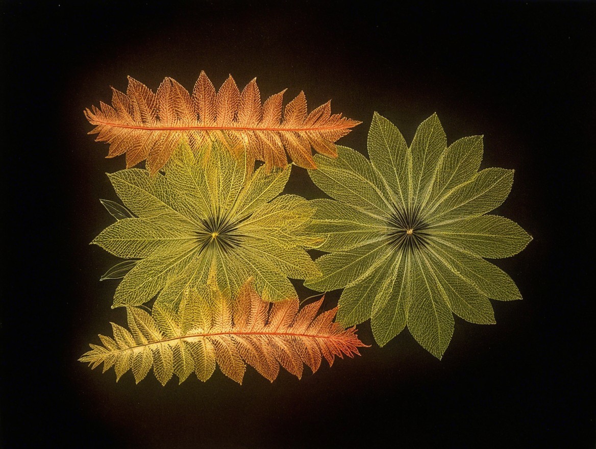 Vibrant Leaf Arrangement on Dark Background