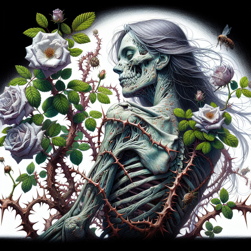 Skeletal Figure with Thorny Vines and White Roses