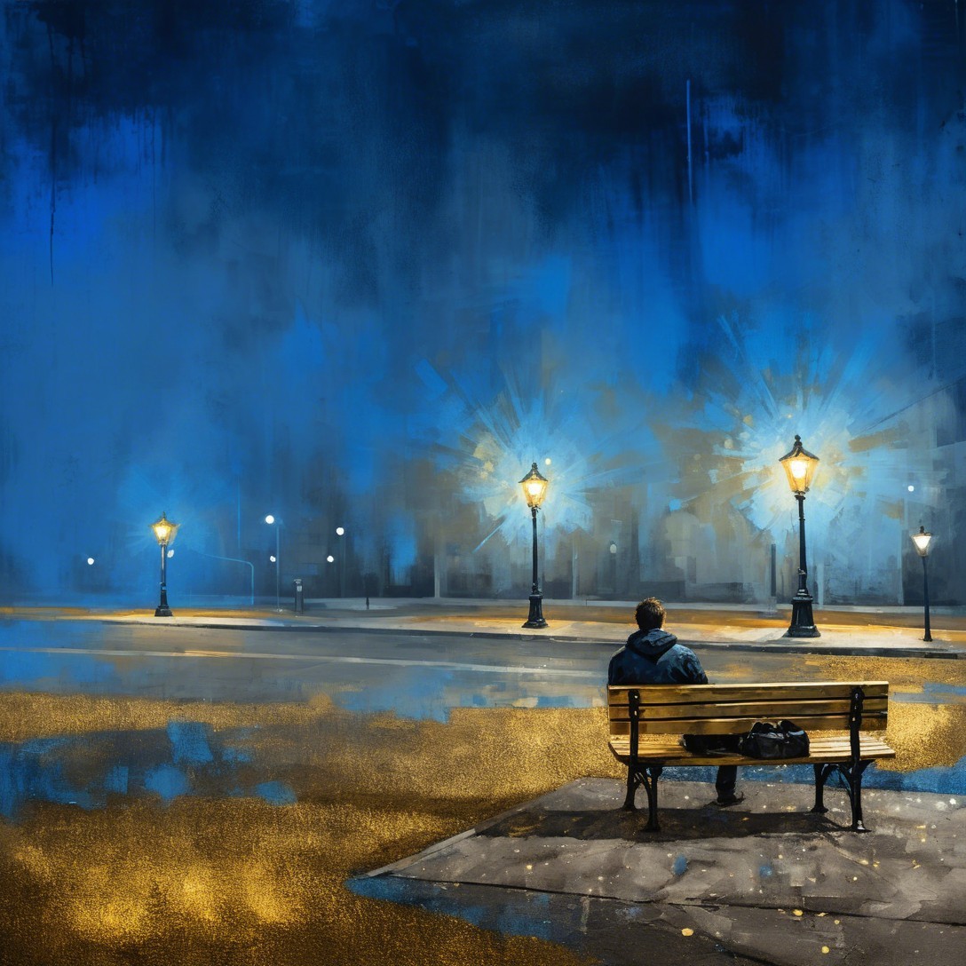 Lone Figure Seated on Bench in Urban Landscape Painting