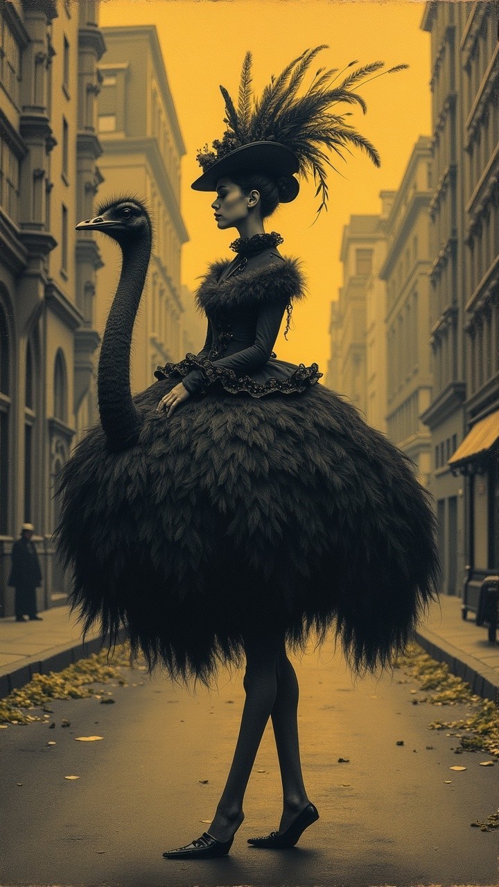 Surreal Fashion Figure in Dramatic Ostrich Dress