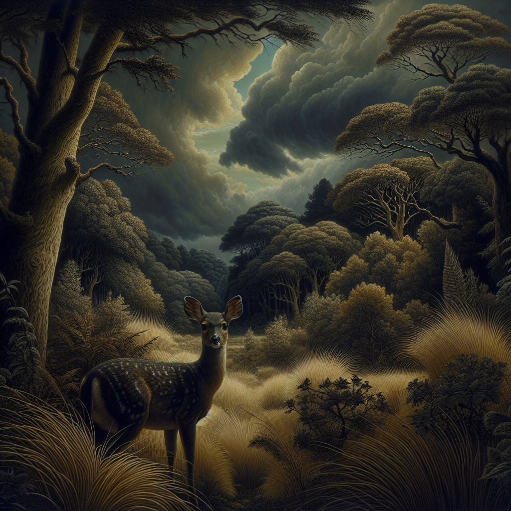 Serene Forest Scene with Deer Under Dramatic Sky