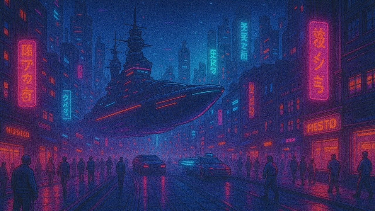 Futuristic cityscape with neon lights and hovering ship