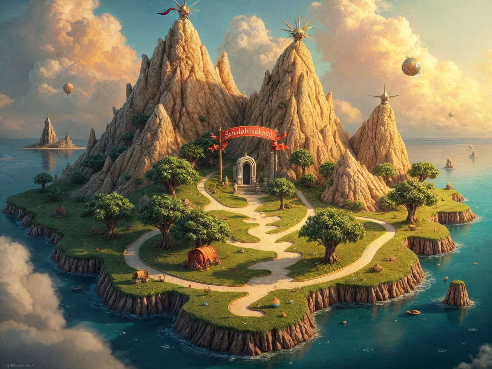 Fantastical Island Landscape with Mountains and Balloons