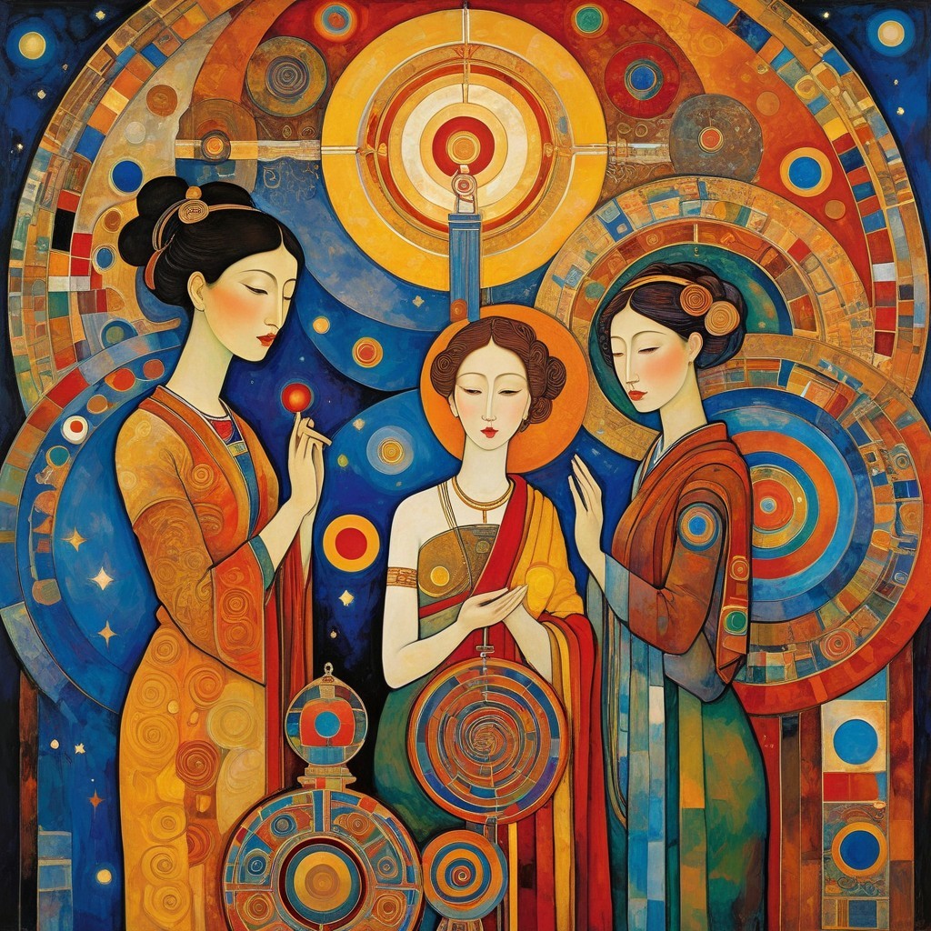 Elegantly Dressed Women Amidst Vibrant Patterns
