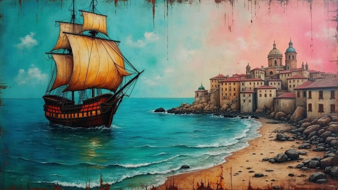 Vibrant Seascape with Sailing Ship and Coastal Town